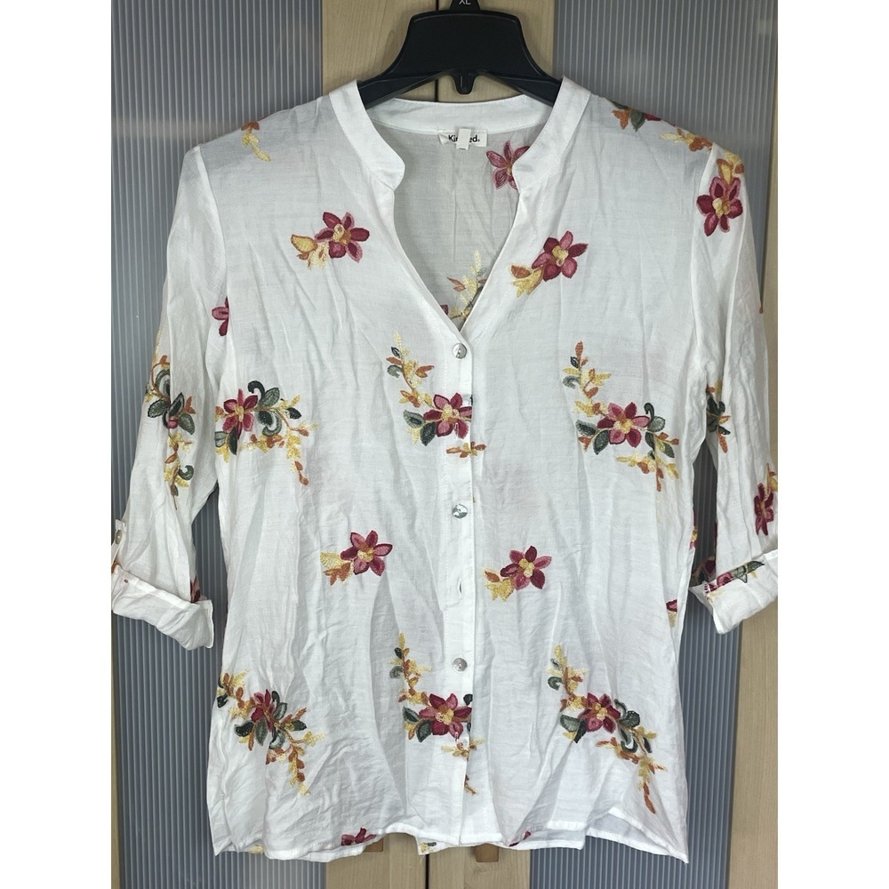 Anthropologie KINDRED White Embroidered Top Blouse L Boho Festival Beach Shirt